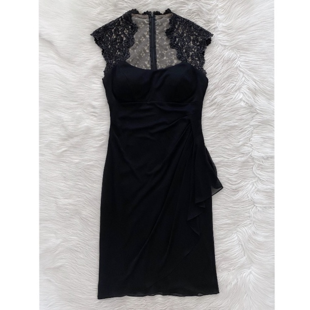 Xscape Black Lace Stand Collar Illusion Back Scoop Neck Short Cap Sleeve Dress